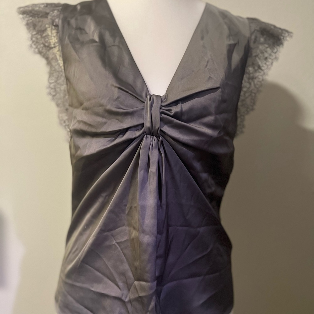 Express Silky Lace-Trim Knot Front Sleeveless Top in Slate Gray